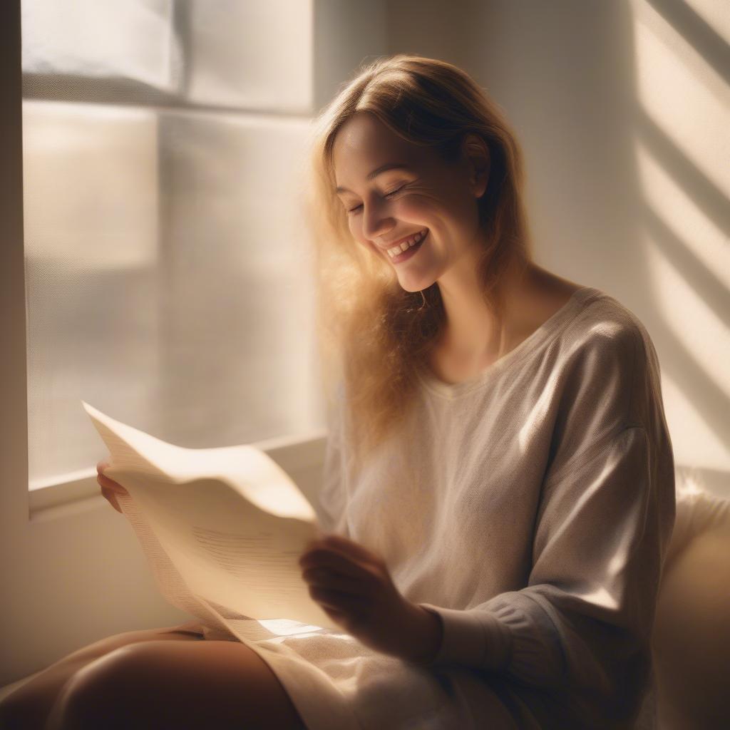 Woman Reading a Love Letter with a Smile