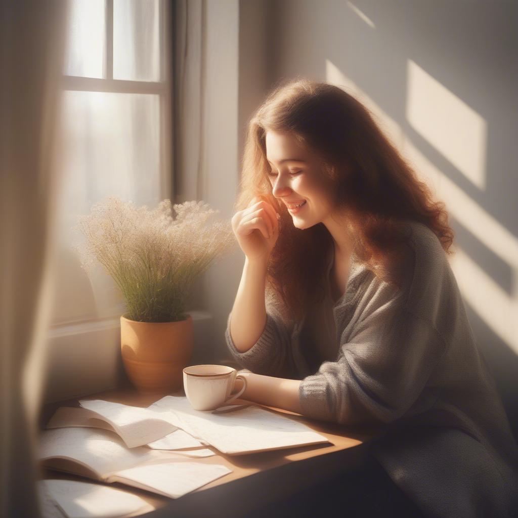 A woman sitting on a window seat, smiling while reading a love letter.