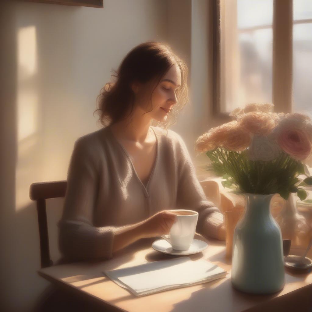 Woman reading a love letter in a cafe