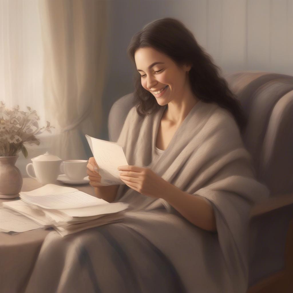 Woman Reading a Love Letter and Smiling