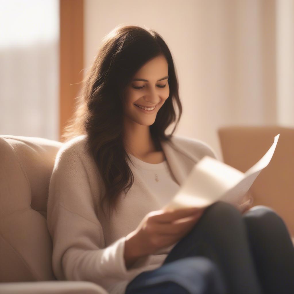 A woman smiling while reading a love letter, touched by the words of affection.