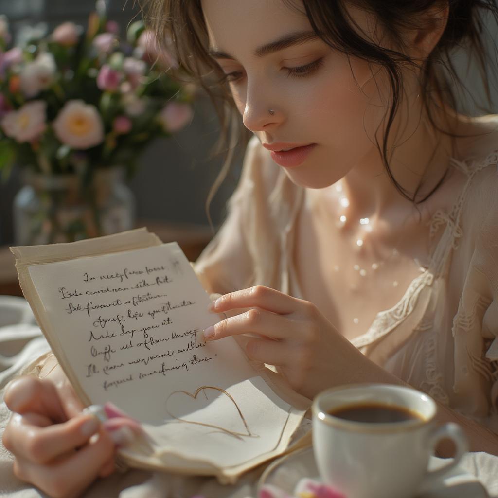 Woman smiling while reading a love note