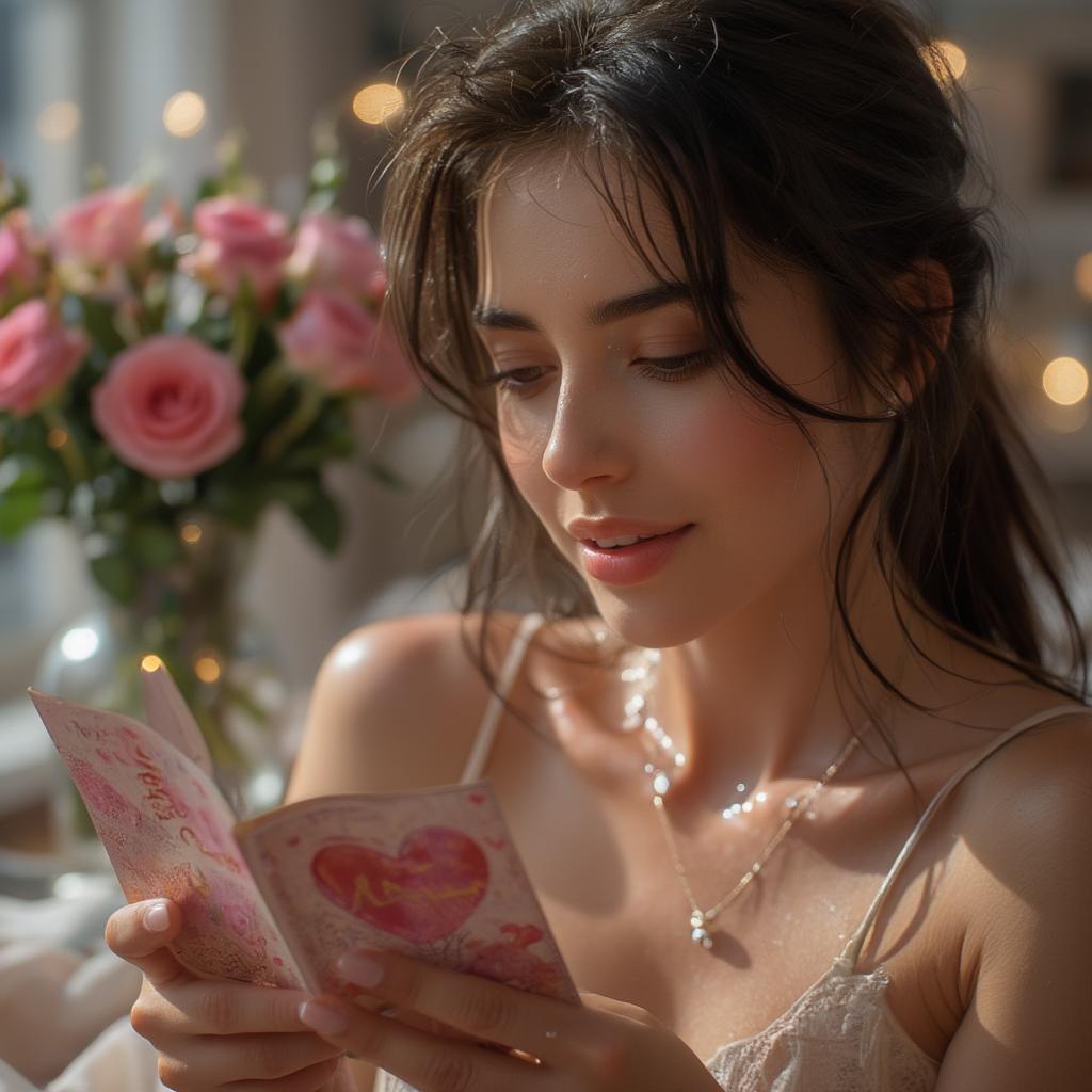 Woman Reading a Valentine's Day Card