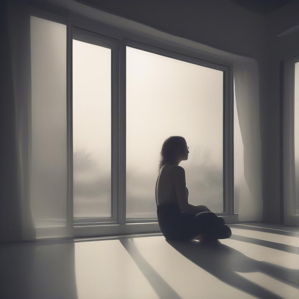 A woman sitting alone, thoughtfully looking out the window