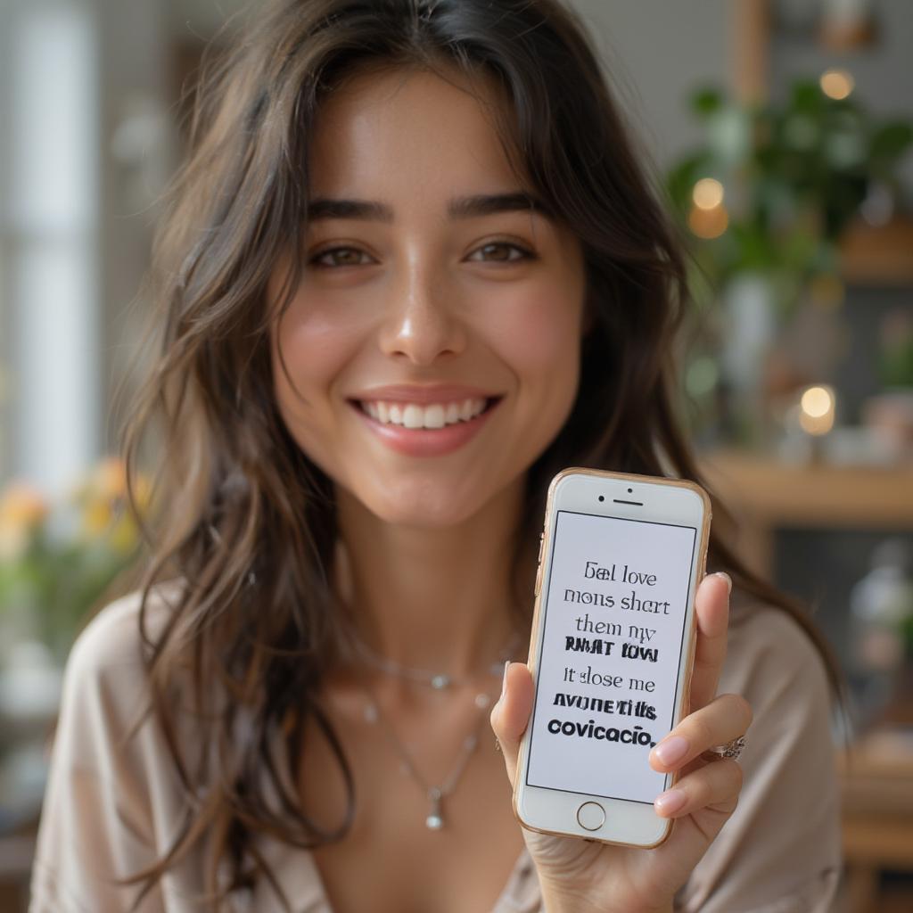 Woman smiling confidently holding a phone displaying a self love quote