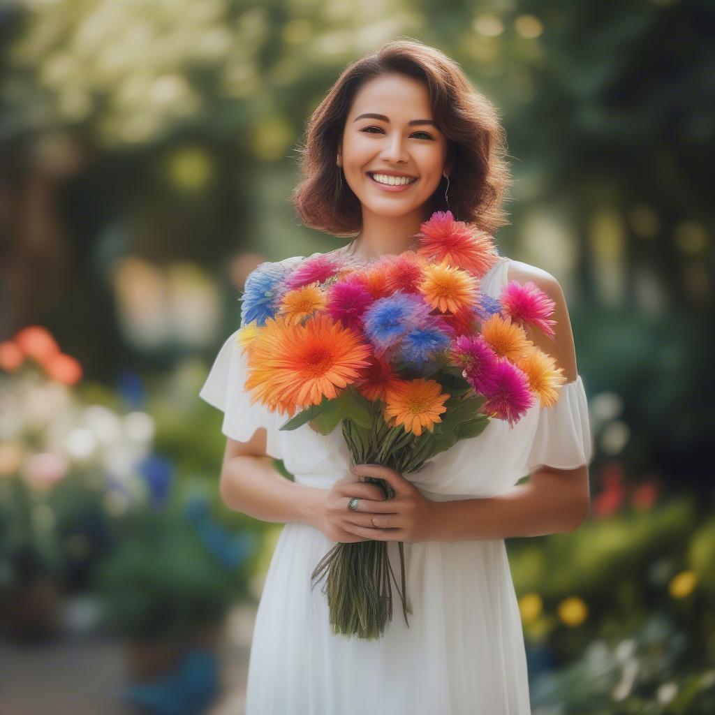 Woman smiling while holding a bouquet of flowers, representing the joy of receiving expressions of love.