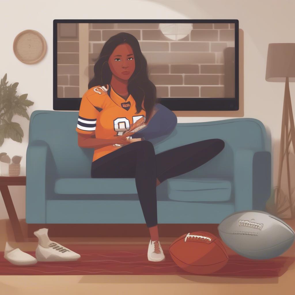 A woman intently watches a football game on TV, wearing her team's jersey and holding a football.