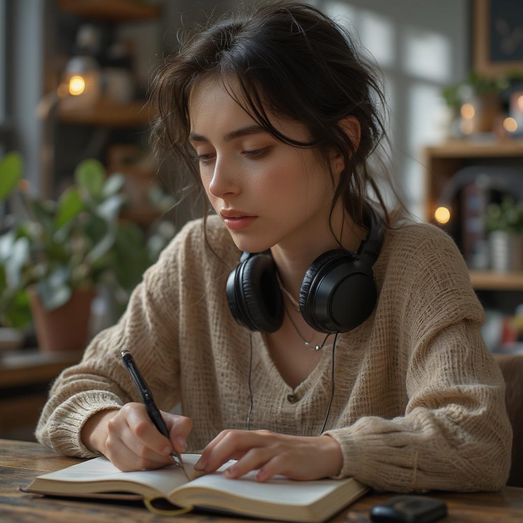 Woman Writing in Journal Inspired by Indie Music