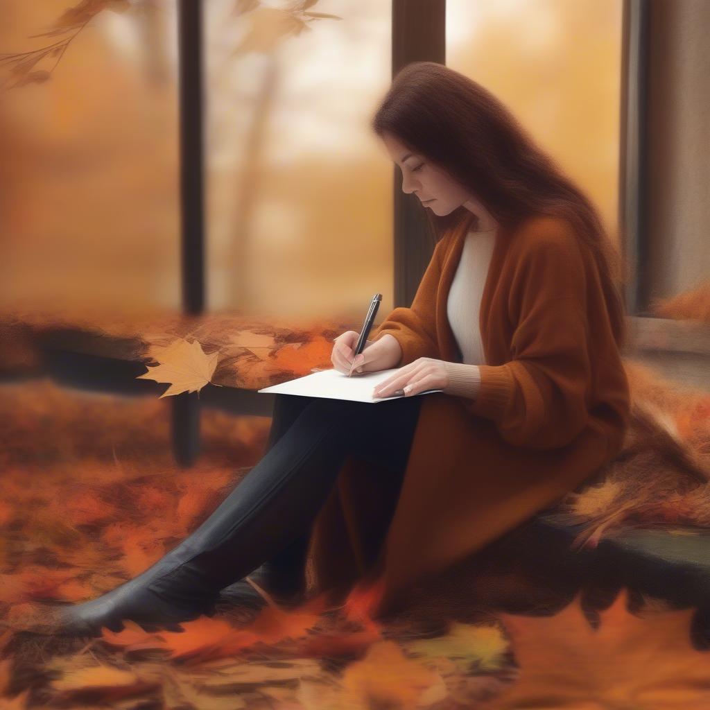 Woman writing in a journal surrounded by autumn leaves