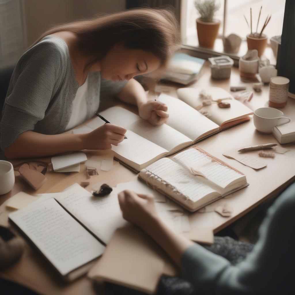 Woman Writing in Journal with Inspirational Quotes