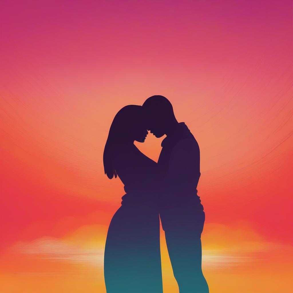 Silhouette of a couple embracing against a sunset backdrop.