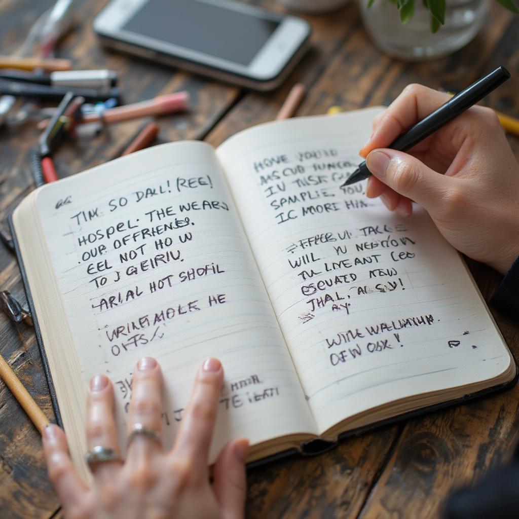 Person writing funny love quotes in a notebook