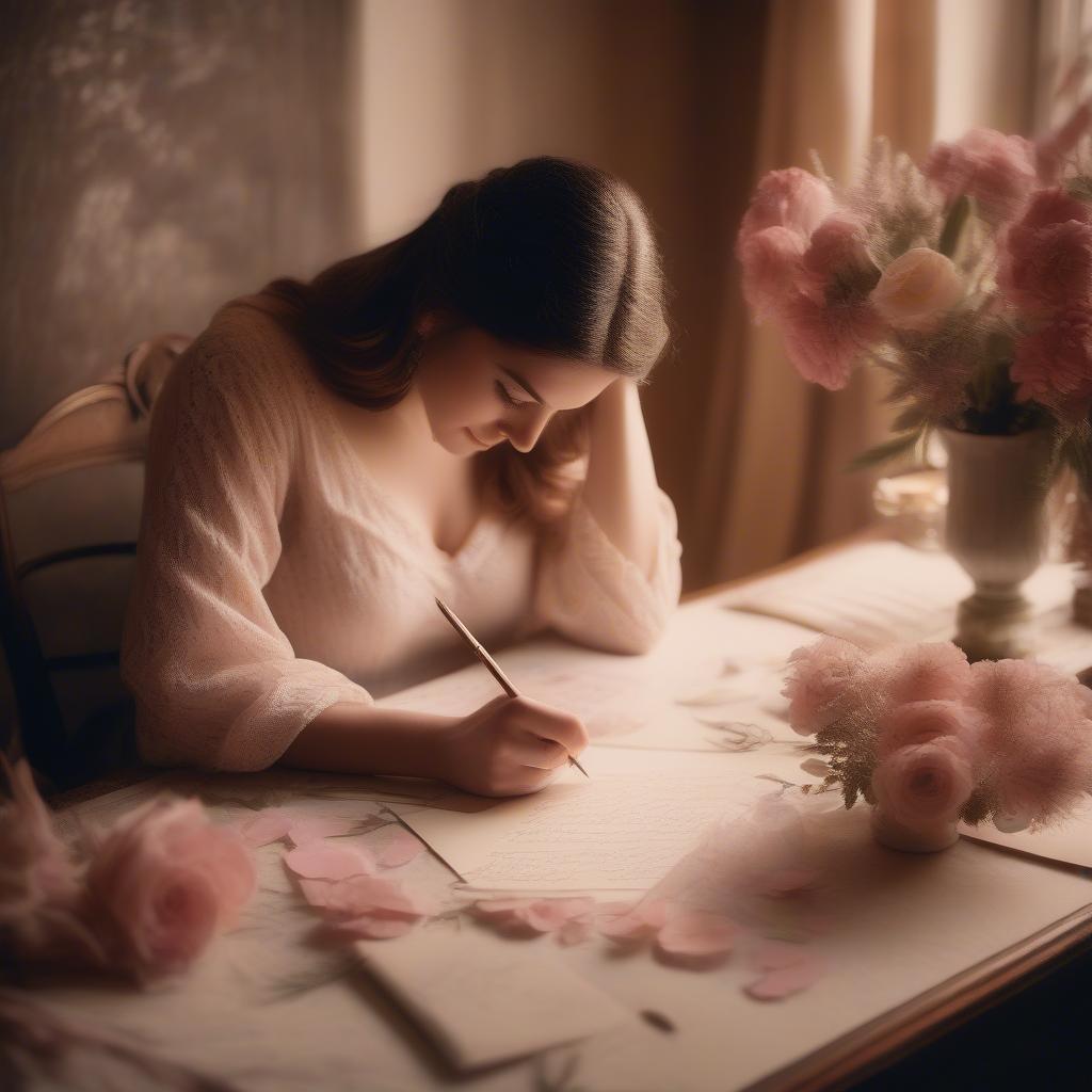 Woman writing a love letter on vintage paper with a quill pen and flowers