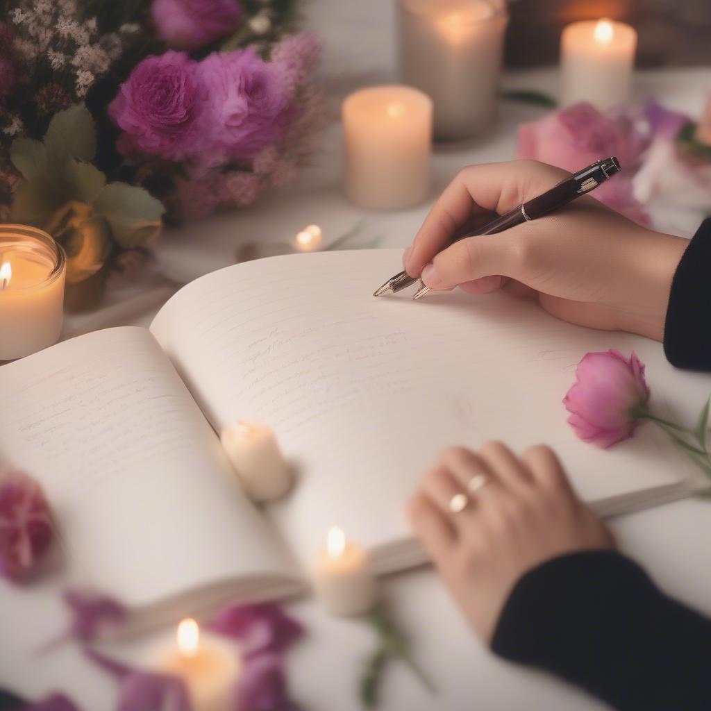 Person writing a love poem in a notebook, symbolizing creative expression of love.