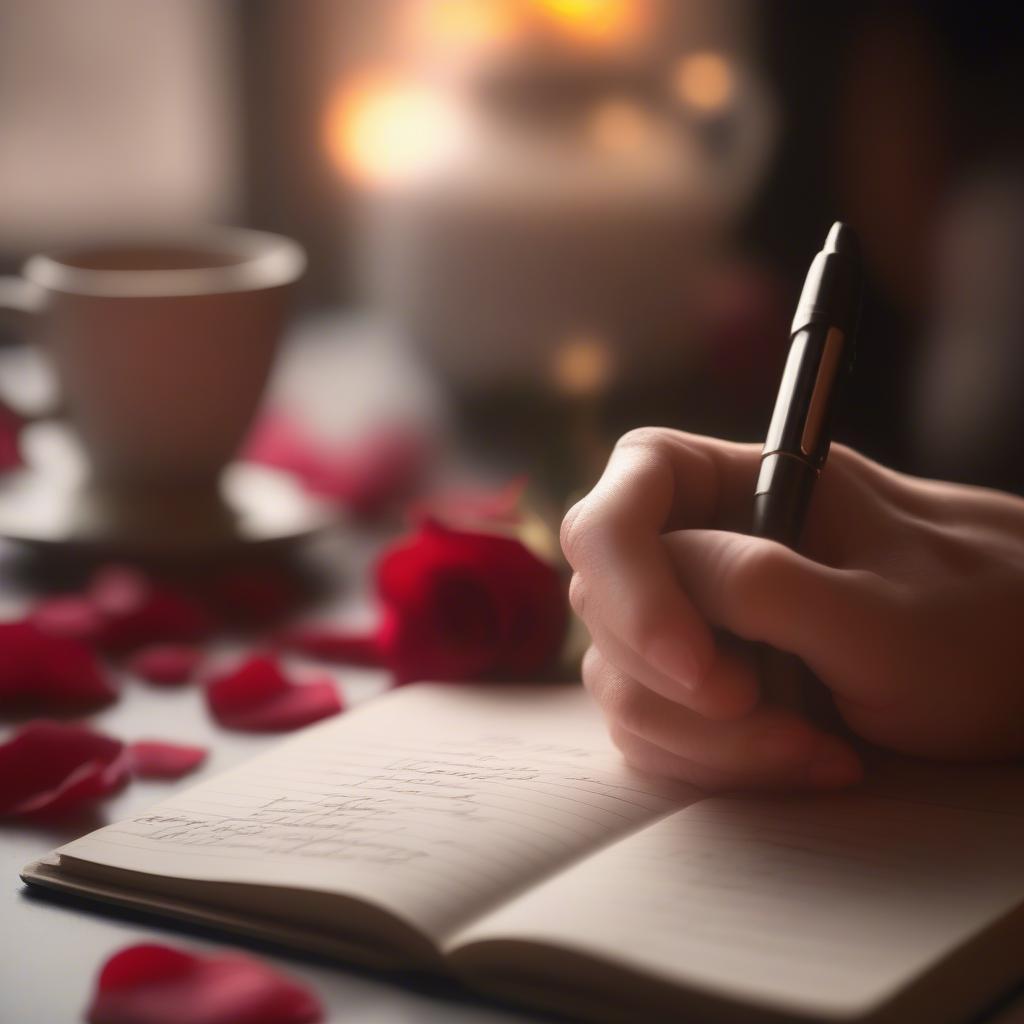 Writing a love poem in a notebook