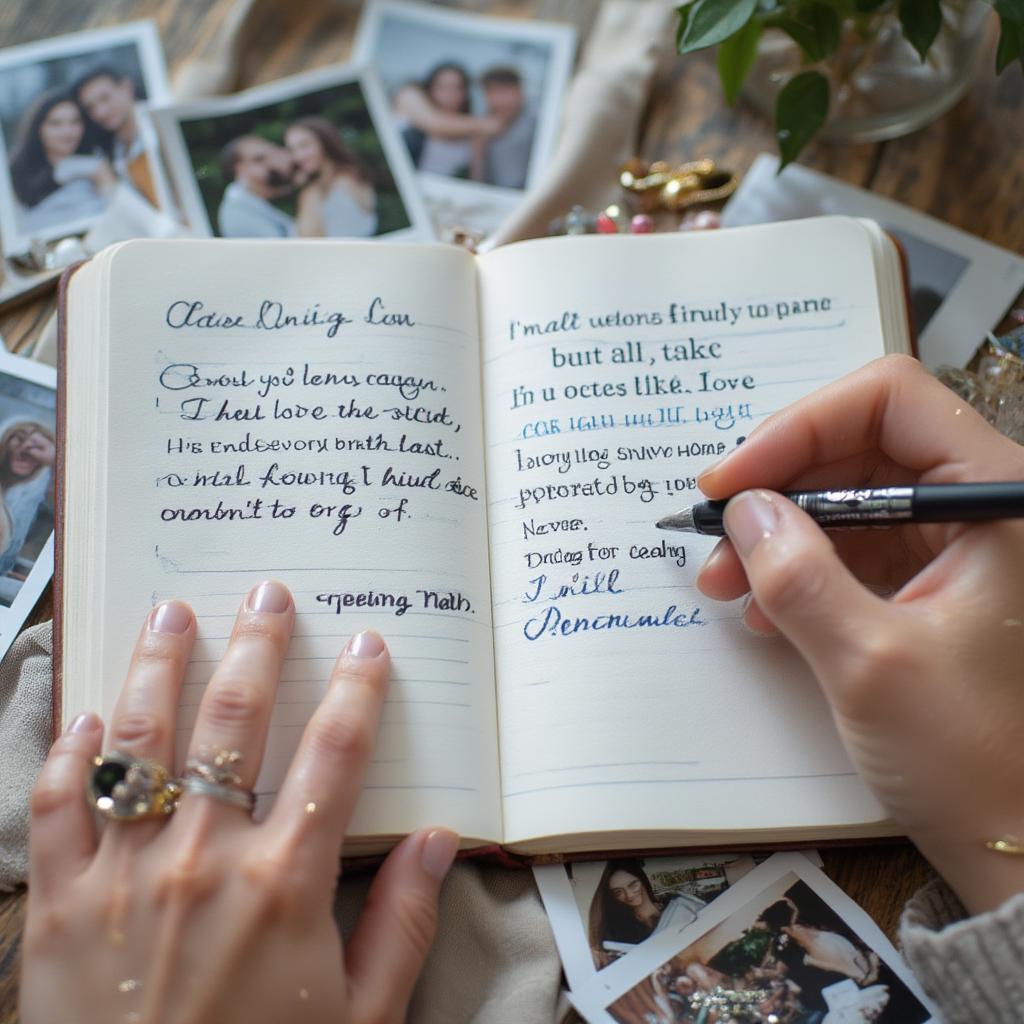 Person writing personalized love quotes in a notebook, surrounded by photos and memorabilia.