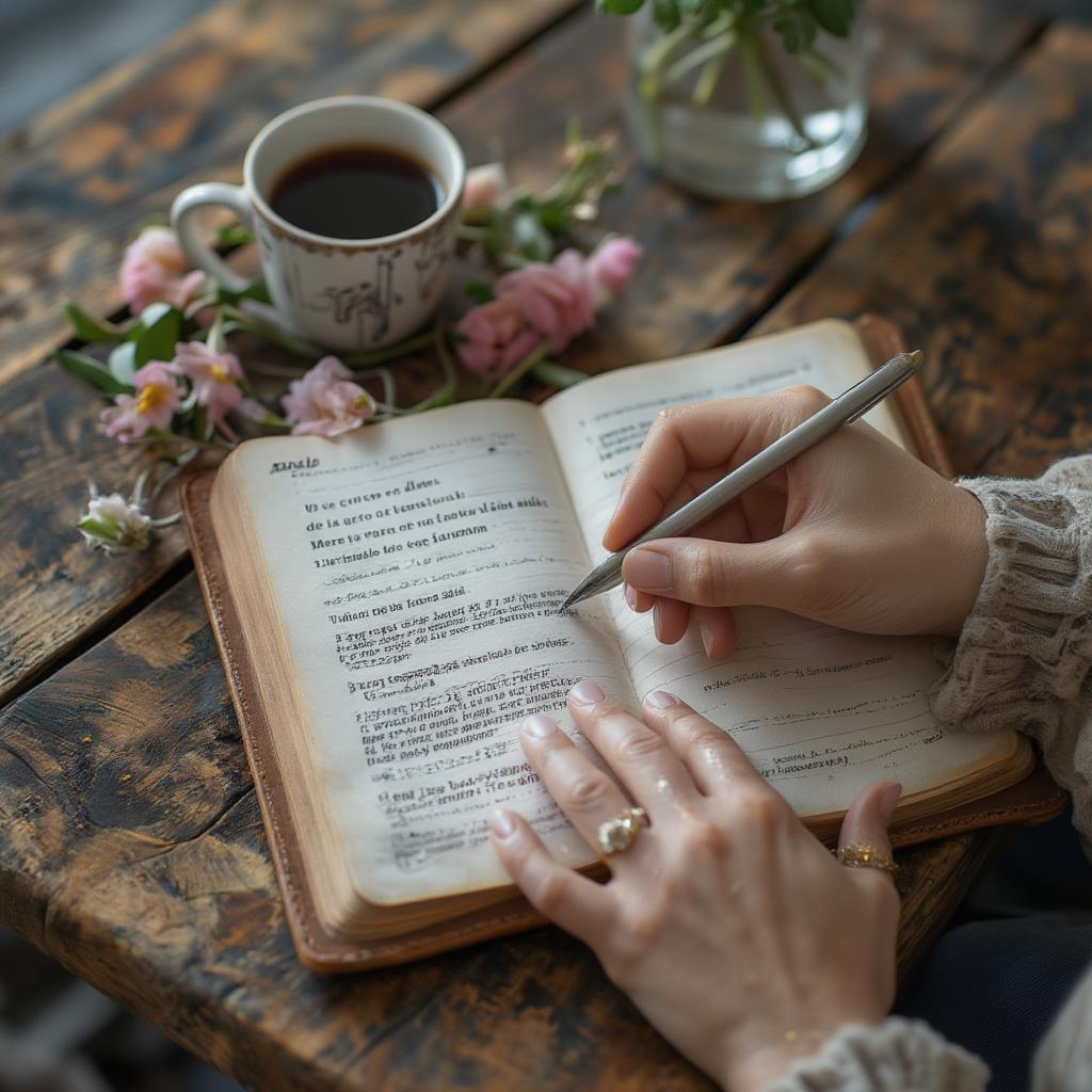 Hand writing spanish love quotes in a notebook