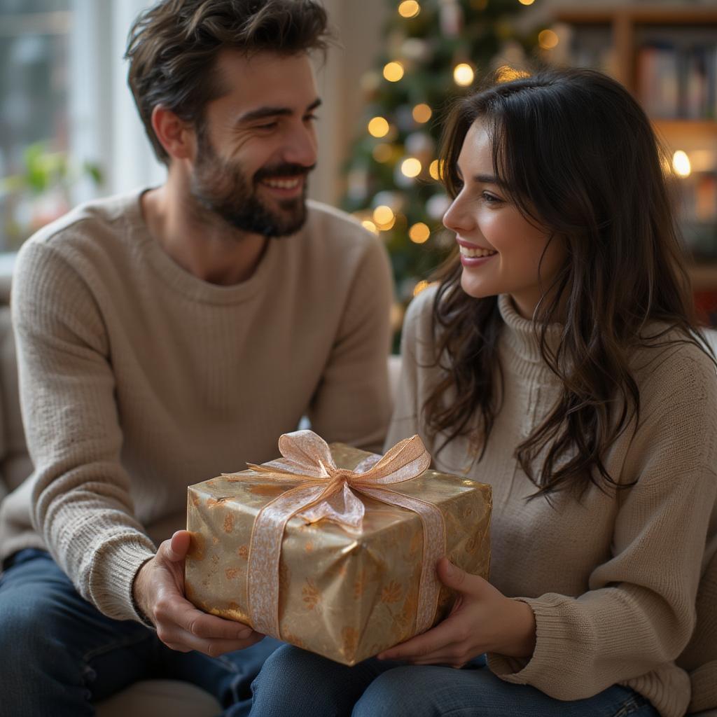 Couple exchanging gifts on their 10th anniversary