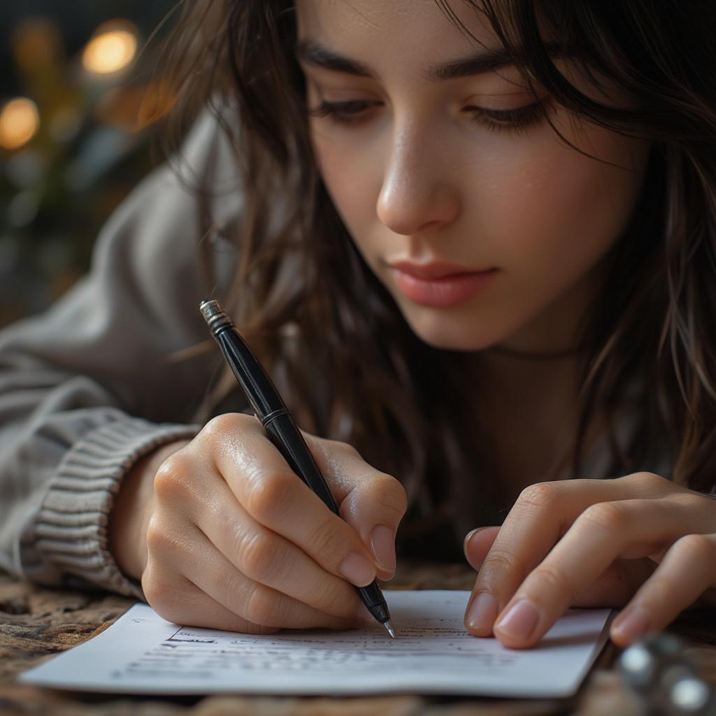 Person writing a love letter with thoughtful expression