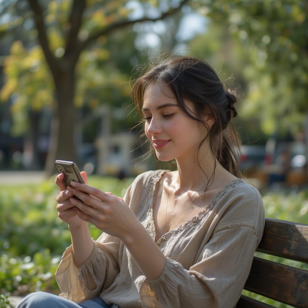 2017 Love Quotes: A woman smiles as she reads a loving text message on her phone.