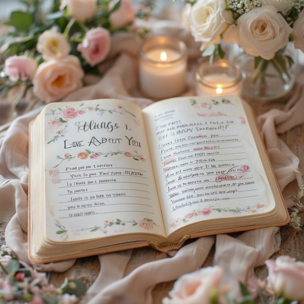 Open notebook with "30 Things I Love About You" written on the cover, surrounded by flowers and candles.