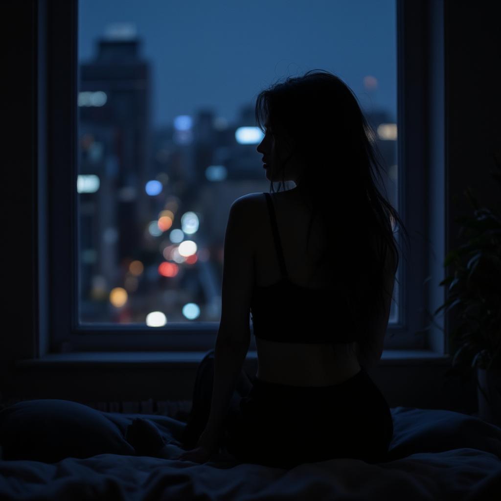 A woman gazing out the window at 3am, contemplating love and relationships.