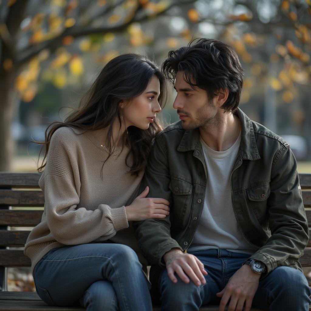 A couple sitting on a park bench, talking seriously, with a contemplative expression on their faces