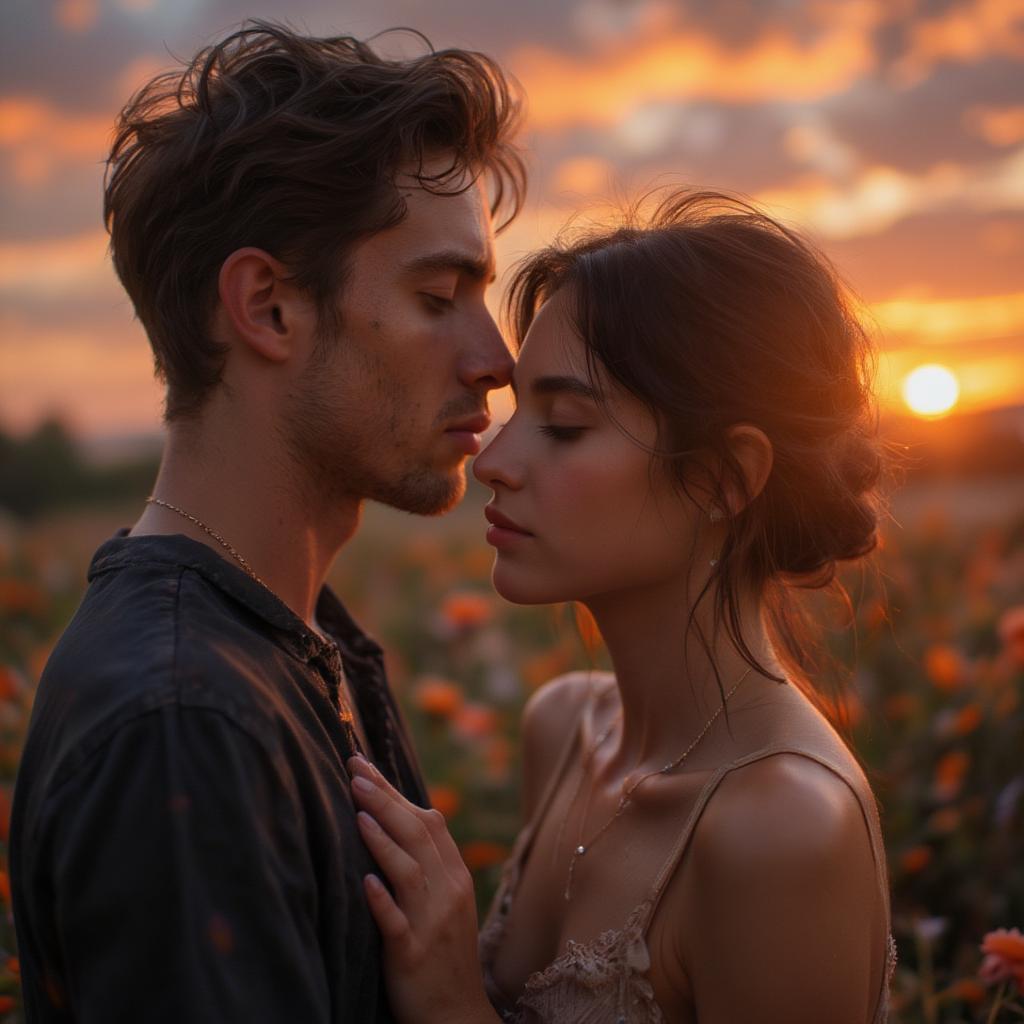 Couple embracing under a beautiful sunset, showcasing a romantic and intimate moment