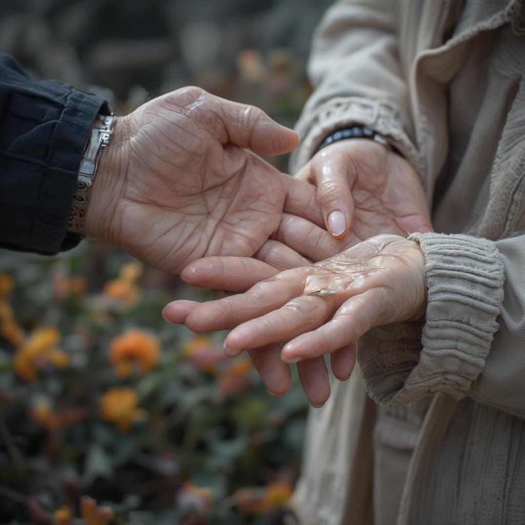 A man holds his wife's hand tenderly, gazing into her eyes with love and affection.  The soft lighting and warm tones of the image convey a sense of intimacy and connection.