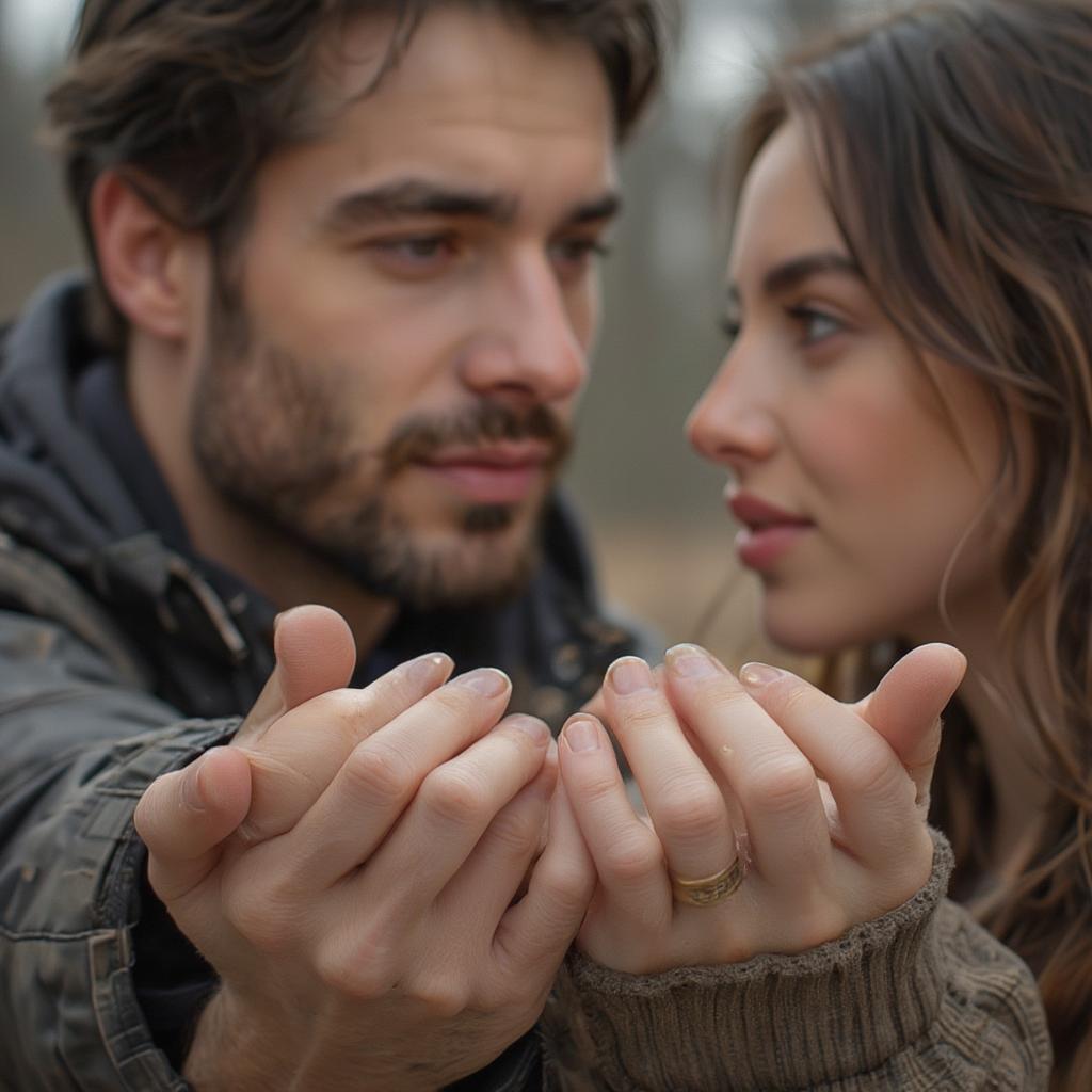 A man and woman holding hands, gazing lovingly at each other