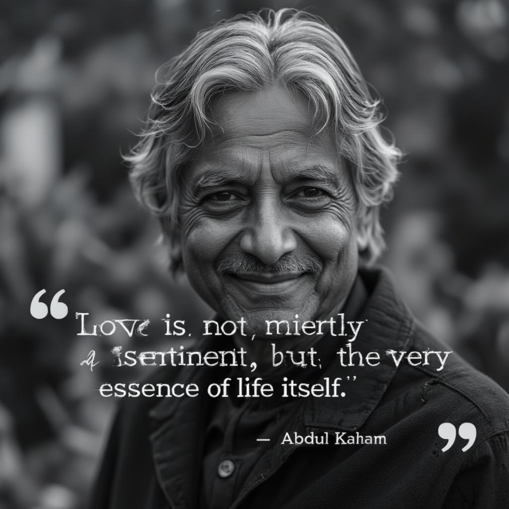 Portrait of Abdul Kalam with a quote about love overlayed