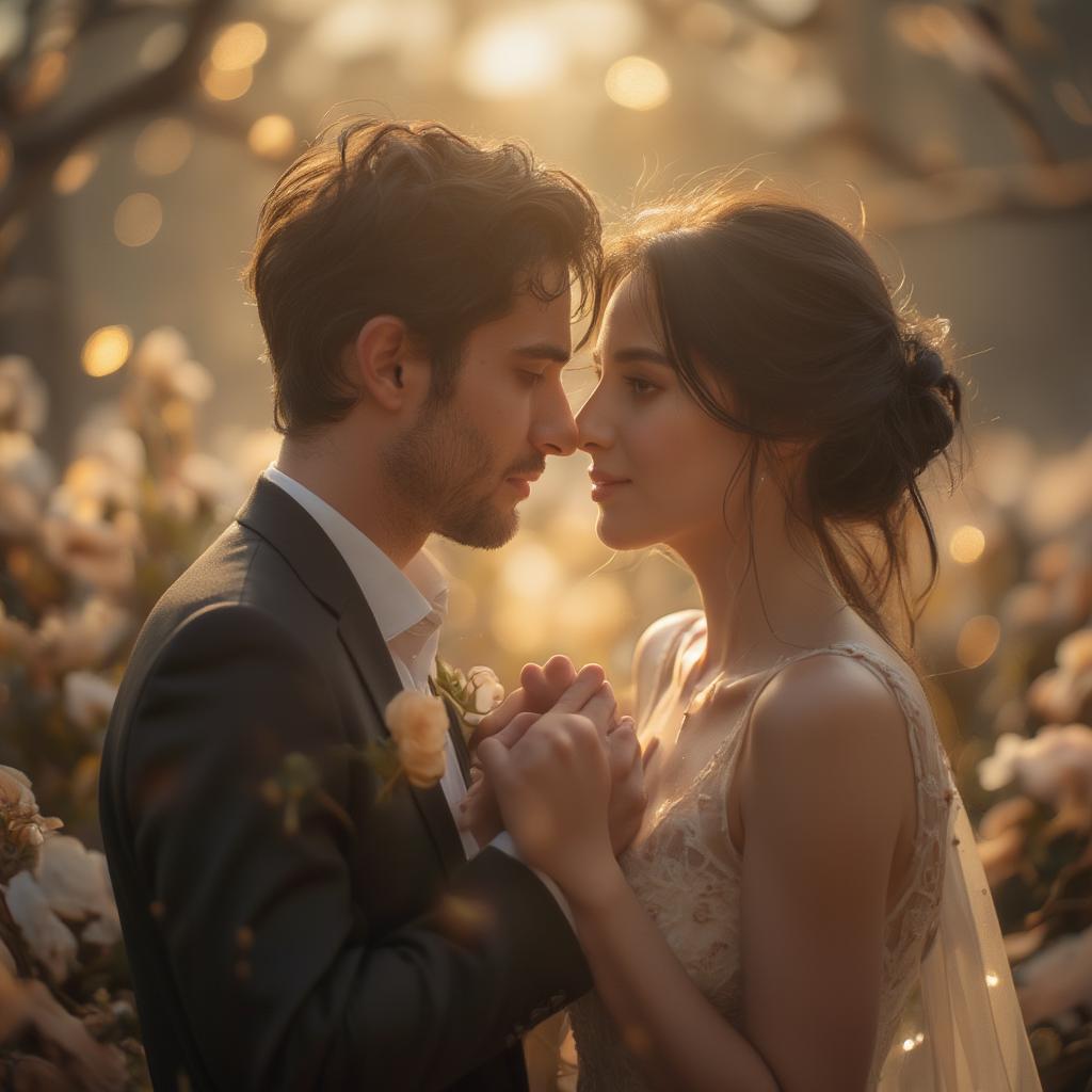 Adorable Love Quotes for Him: A couple holding hands, gazing lovingly at each other, with a soft, romantic glow surrounding them.