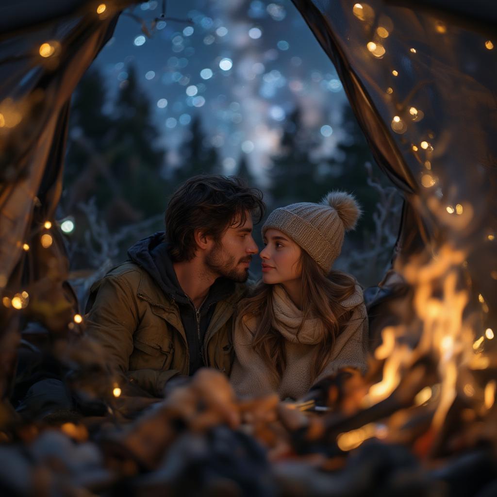 Couple Camping in a Forest under the Stars with Romantic Advent Love Quotes