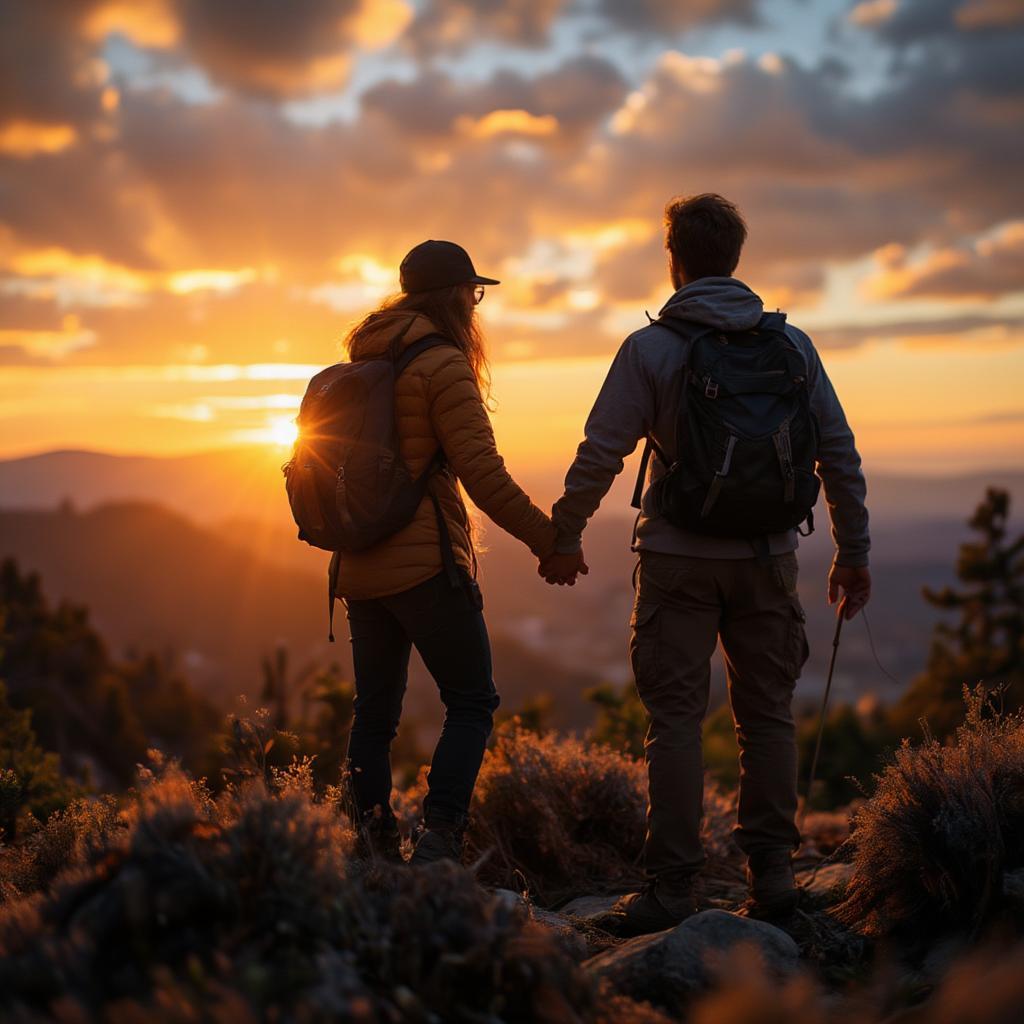 Couple Hiking on a Mountaintop at Sunset with Advent Love Quotes