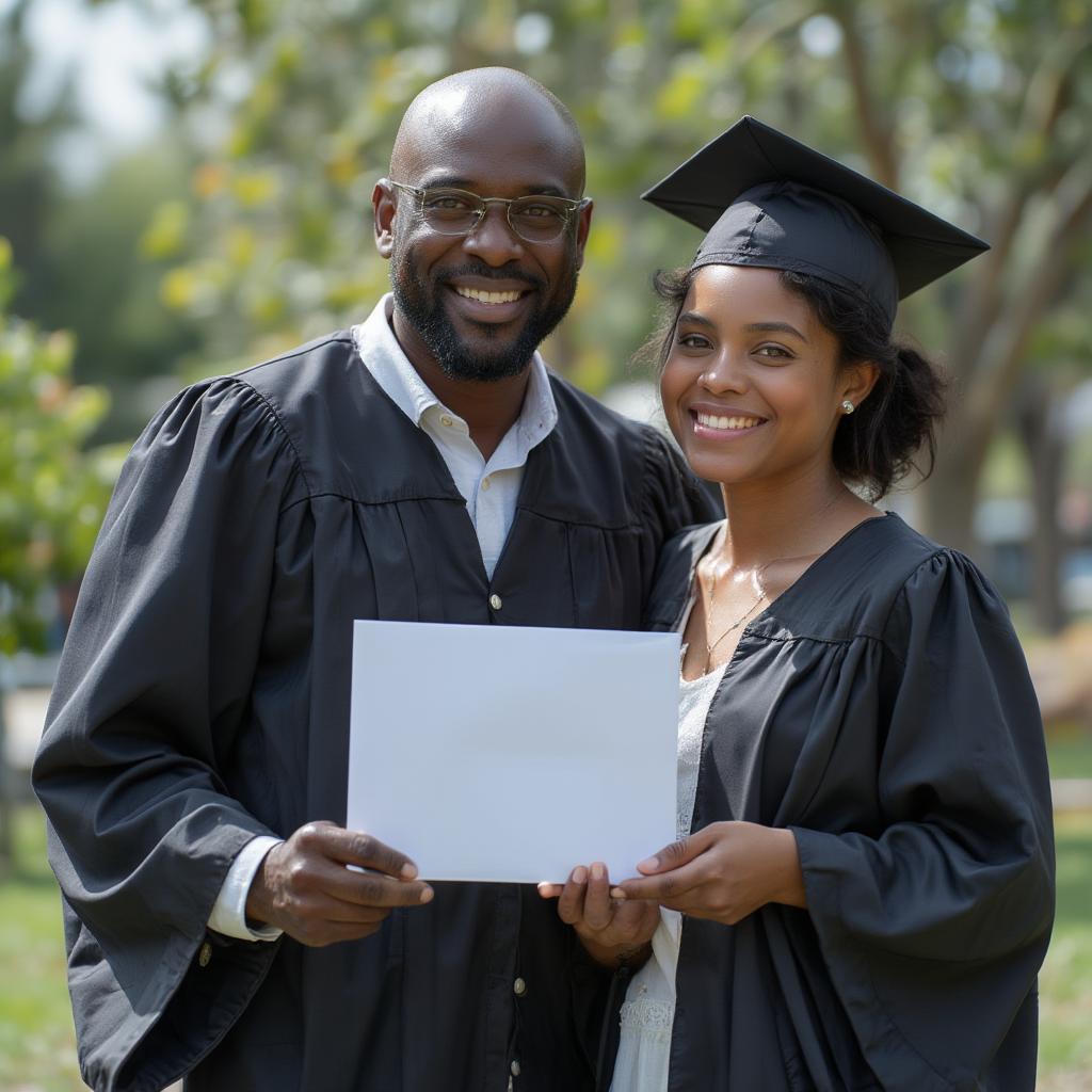 African American father and daughter celebrating at graduation