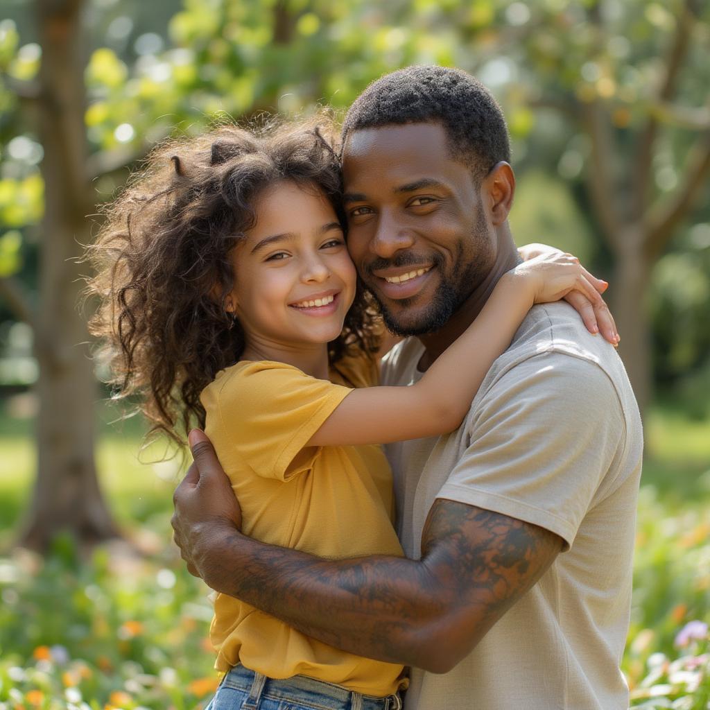 African American father and daughter embracing in a warm hug