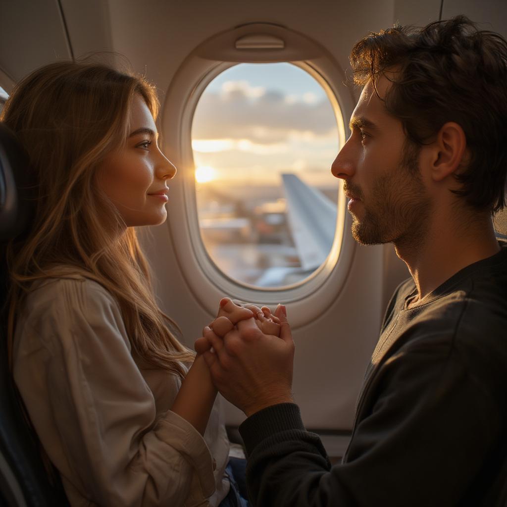 Couple Holding Hands on an Airplane During Takeoff