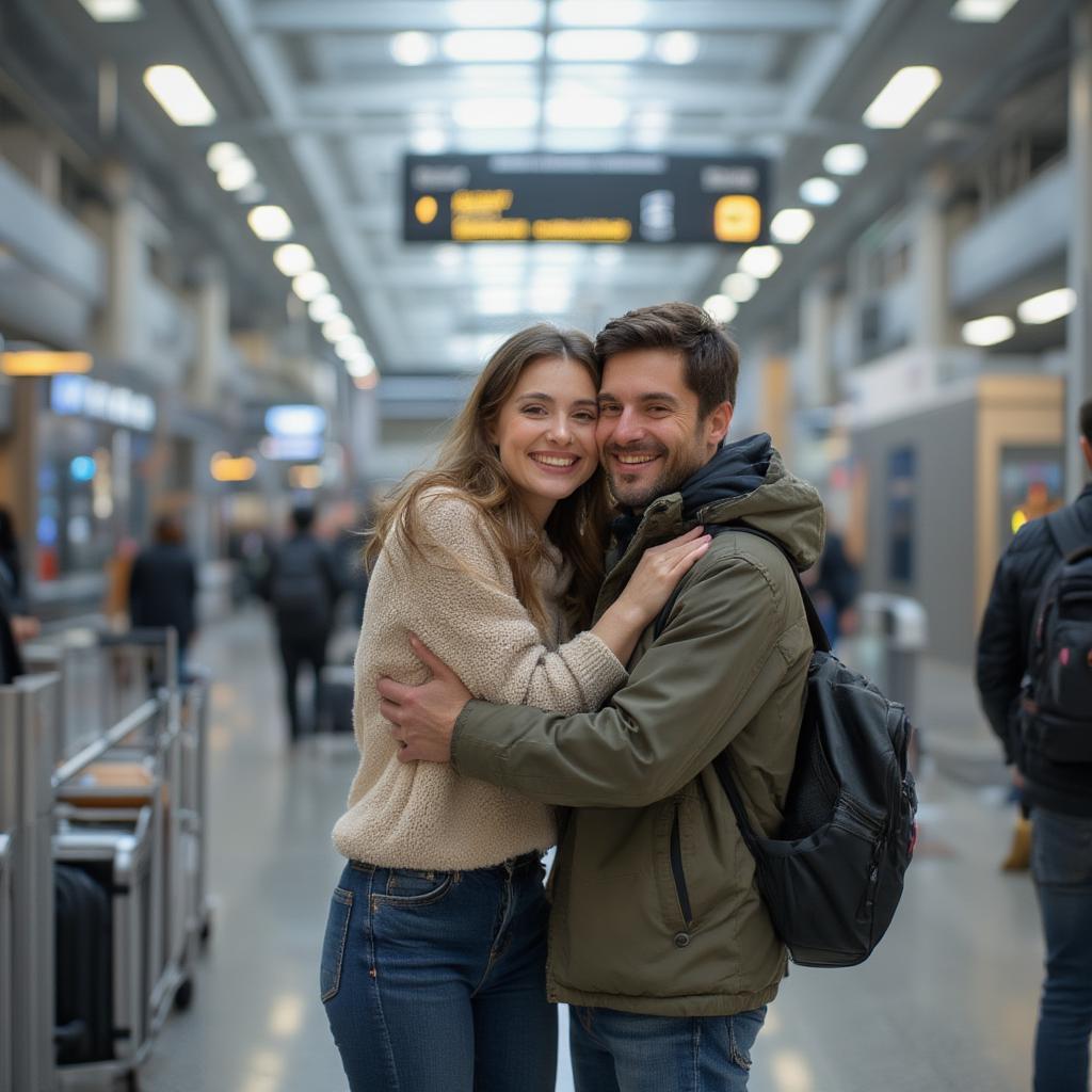 Couple Reuniting at Airport Arrival Gate