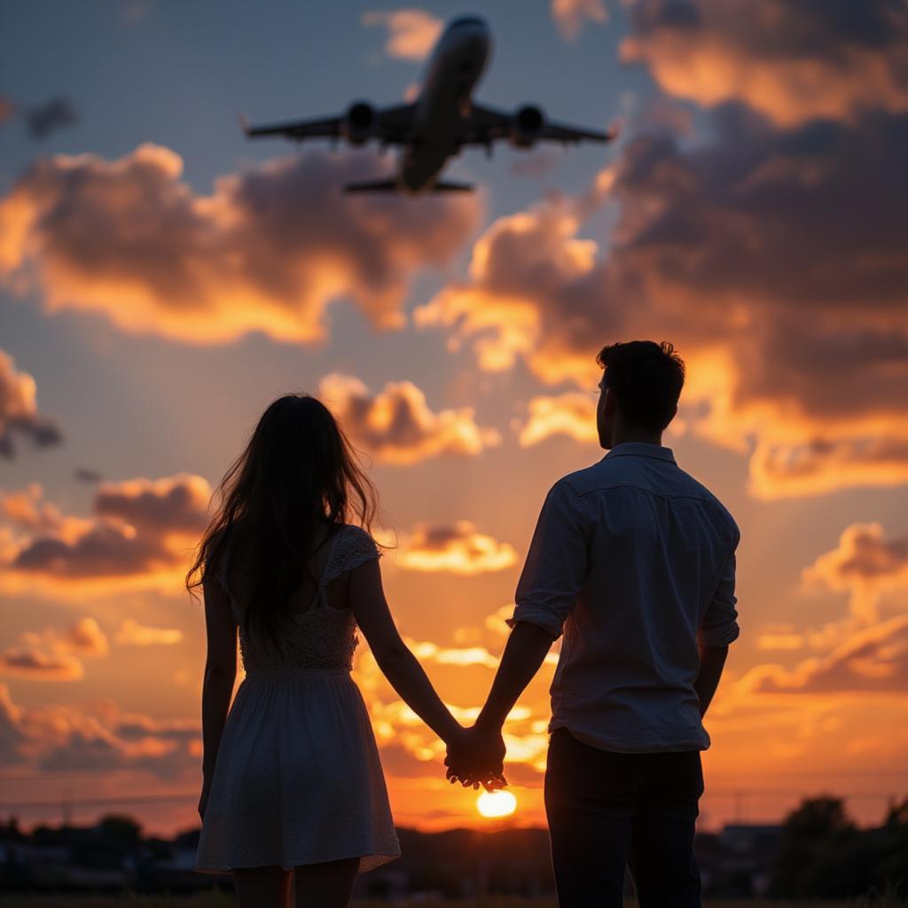 Couple Watching Airplane at Sunset