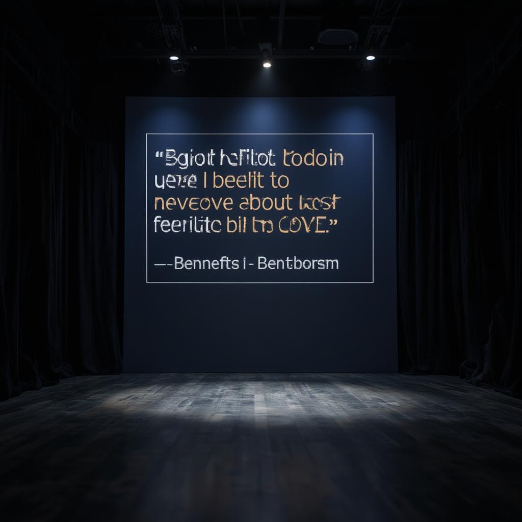 A theater stage with a backdrop featuring a prominent Alan Bennett quote on love.