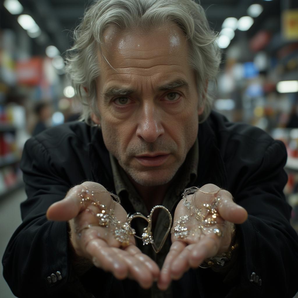 Alan Rickman Holding the Necklace in Love Actually