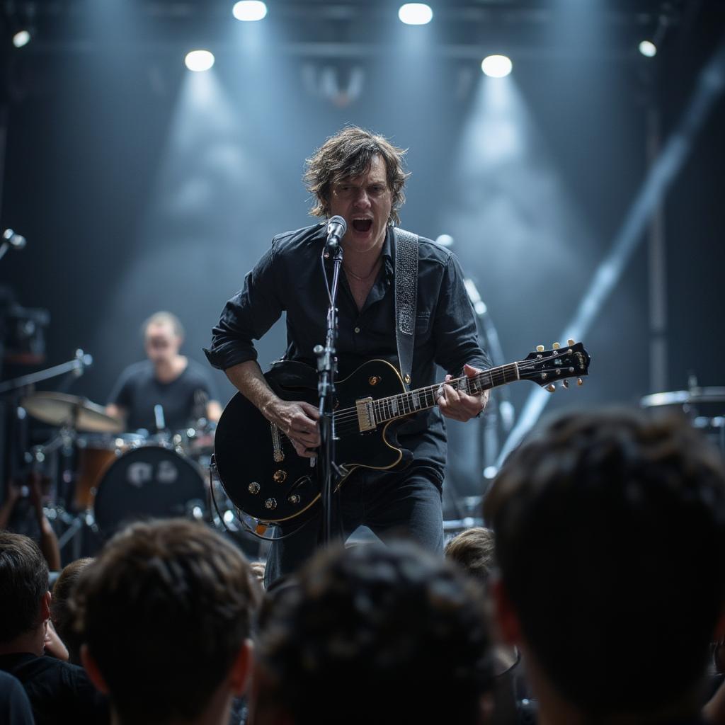 Alex Turner performing live, captivating the audience with his lyrics about love.