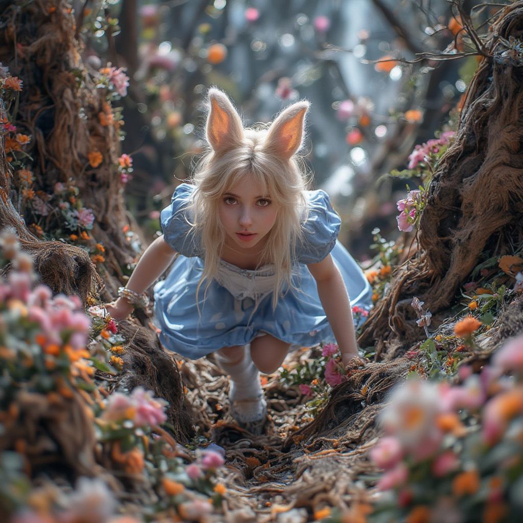 Alice falling down the rabbit hole, a metaphor for falling in love.