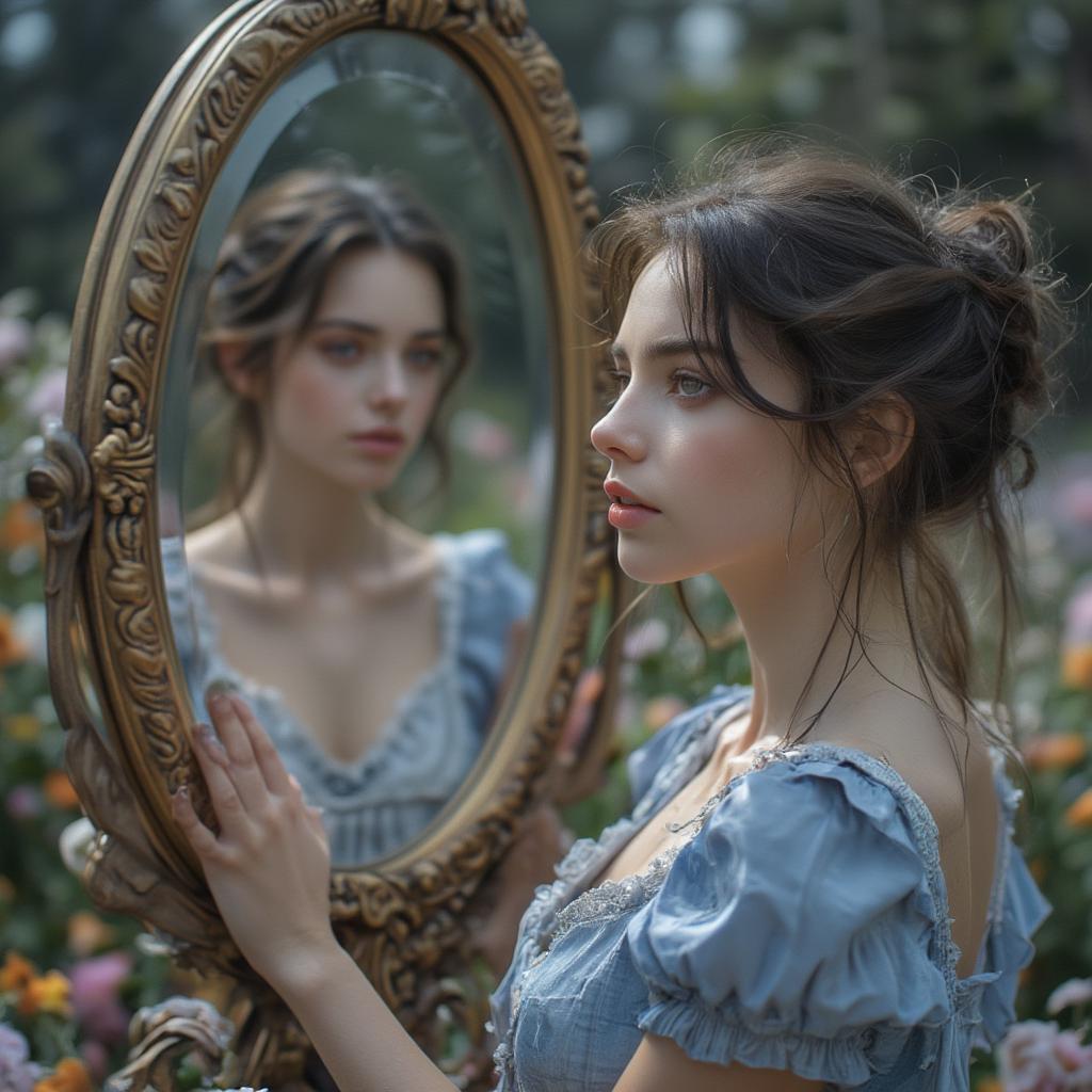 Alice looking into the looking glass, symbolizing self-reflection and the journey of self-discovery in love.