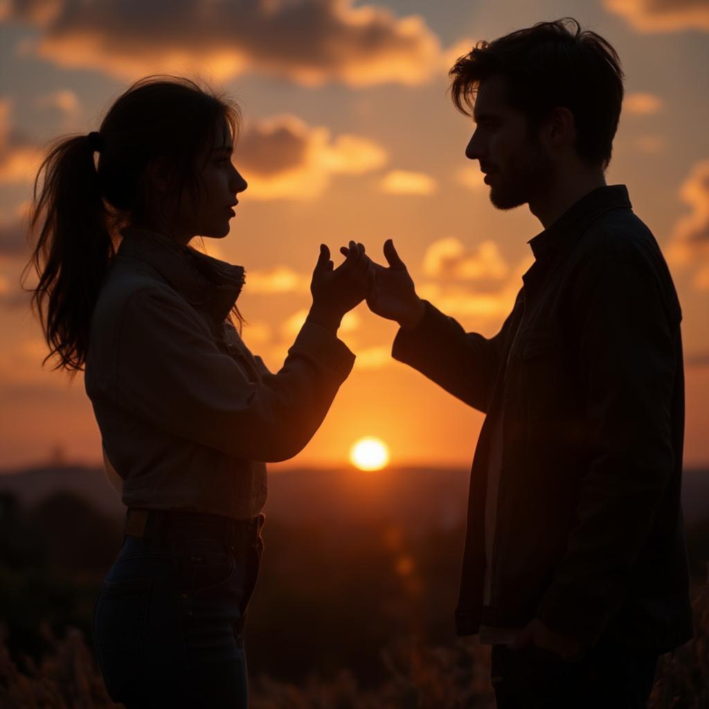 Silhouette of a couple almost touching hands, symbolizing the 'almost' in a love story.