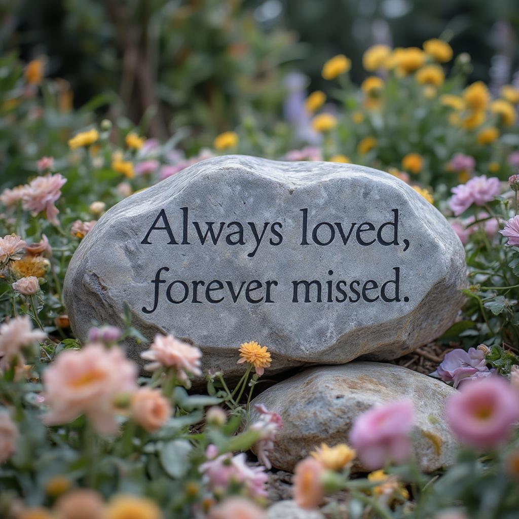 An engraved stone with the quote "Always loved, forever missed" in a peaceful garden setting.