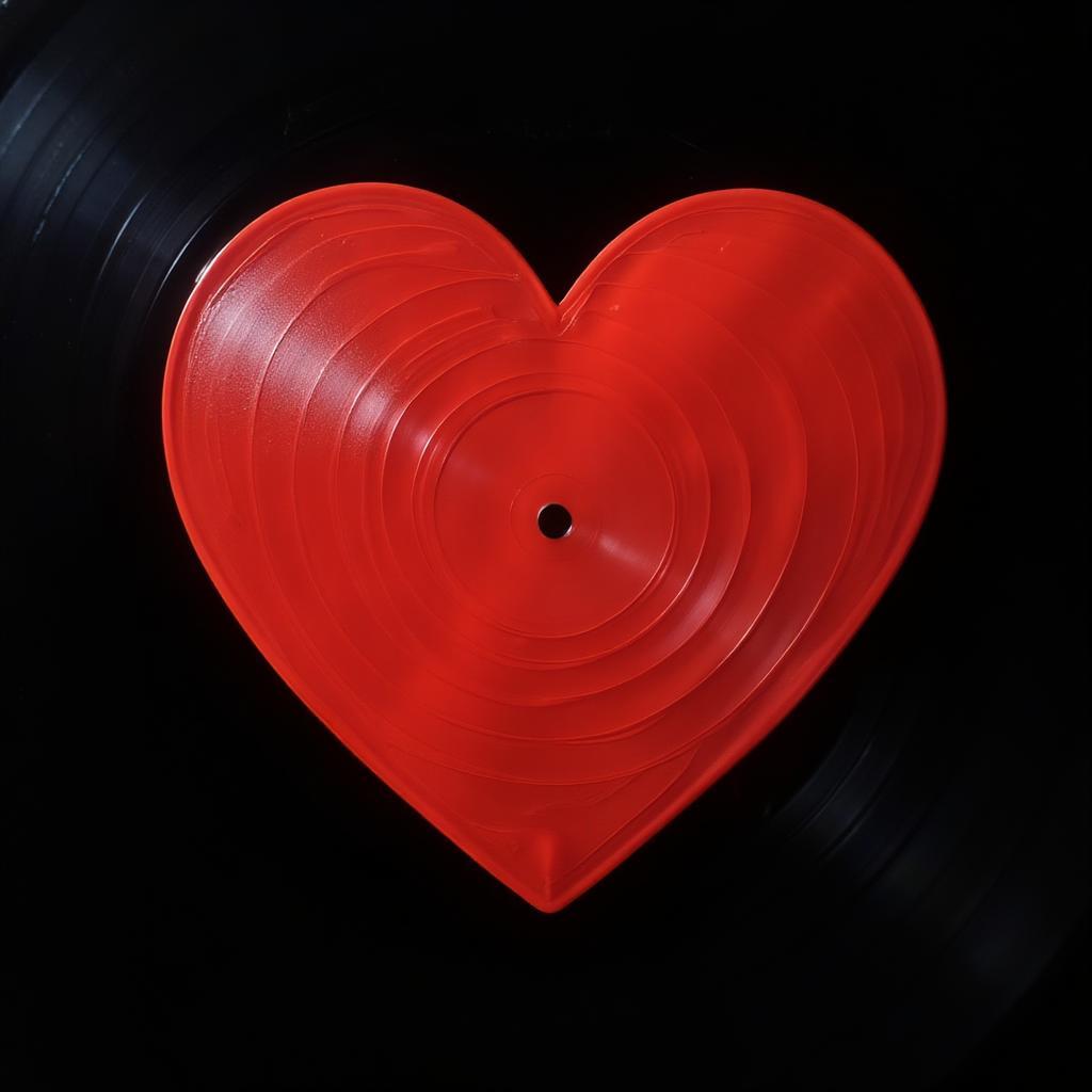 A heart-shaped vinyl record symbolizing the enduring power of love songs.