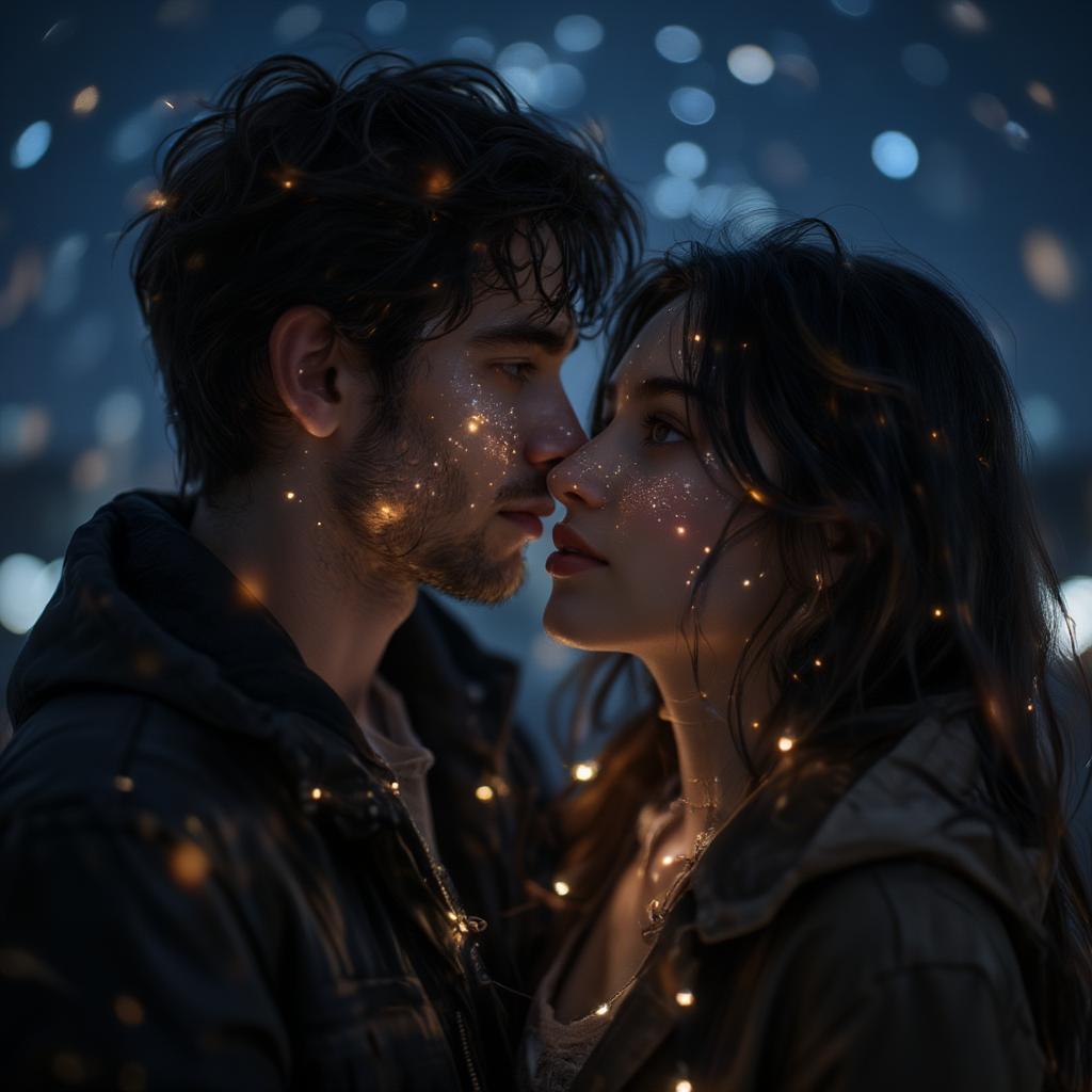 Couple embracing under a starlit sky, illustrating the magic of love found in song lyrics.