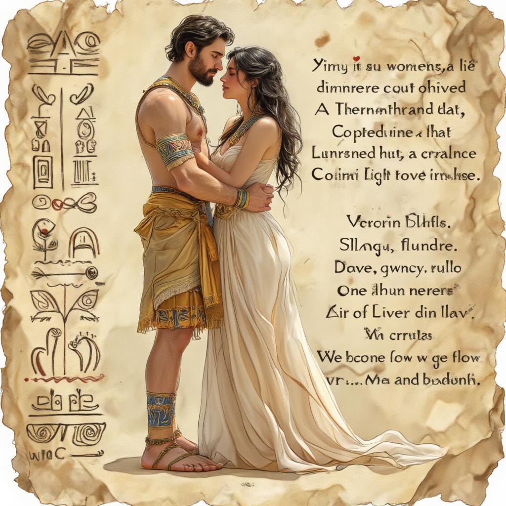 Ancient Egyptian Couple on Papyrus, embracing tenderly, illustrating a love poem.