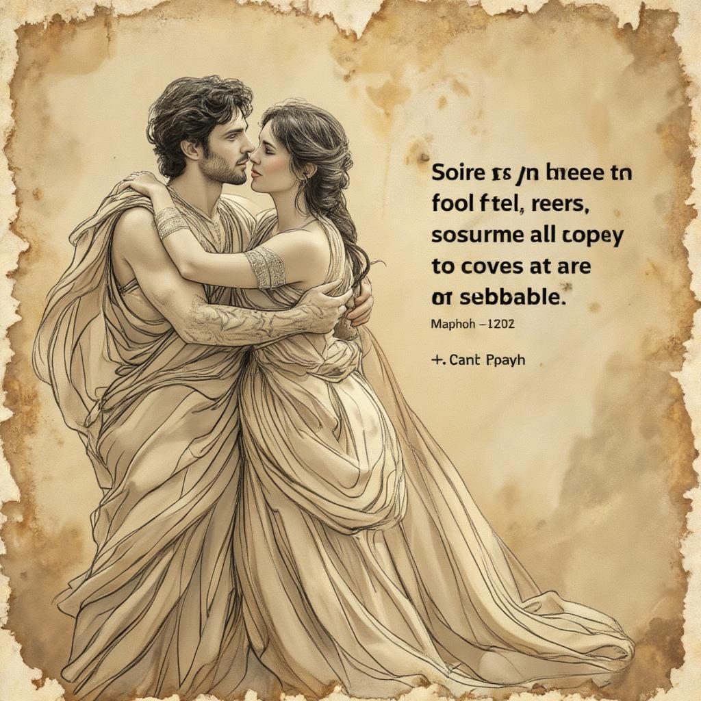 Ancient Greek Couple Embracing with Love Quote in Background